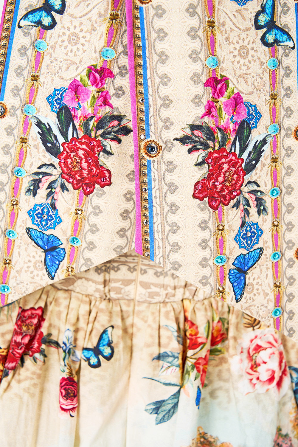 The CAMILLA SHAPED WAISTBAND DRESS WITH FLUTTER SLEEVES JUNGLE FLIGHT in our  print.