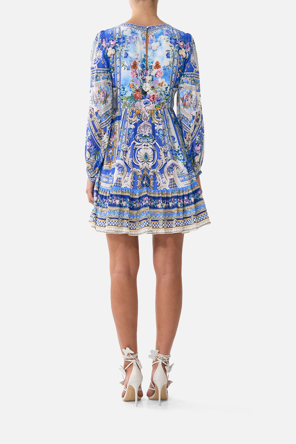 The CAMILLA RUFFLE SLEEVE LONG DRESS SEVILLIAN STYLE in our  print.