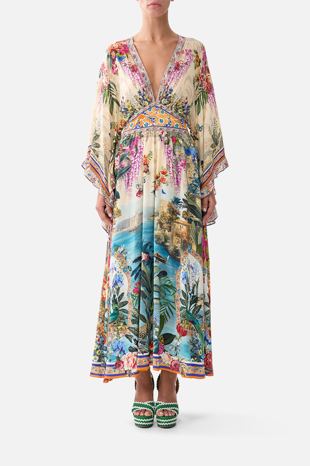 WAISTED DRESS WITH KIMONO SLEEVE BODRUM BOTANICALS