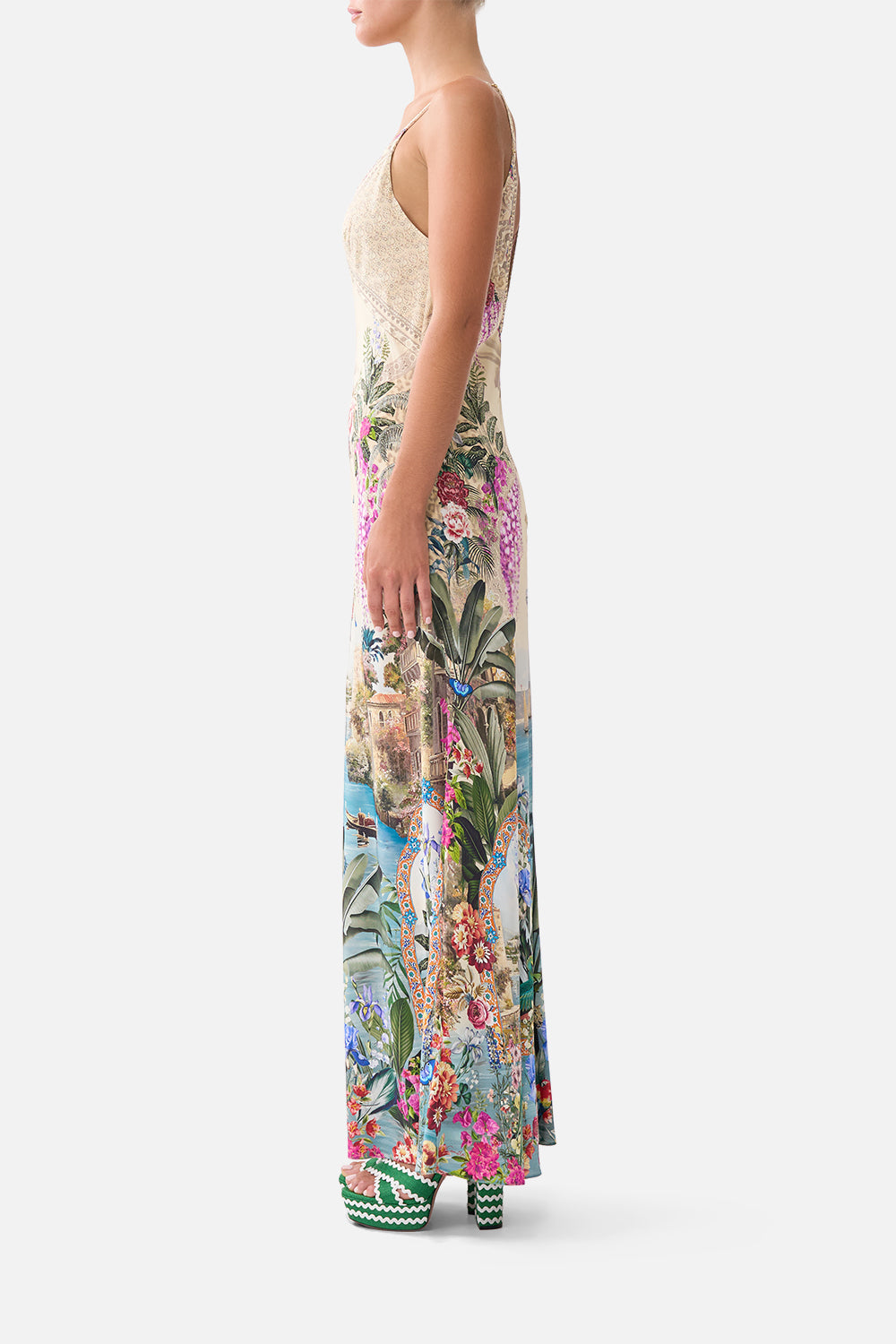 V-NECK FULL LENGTH BIAS SLIP DRESS BODRUM BOTANICALS