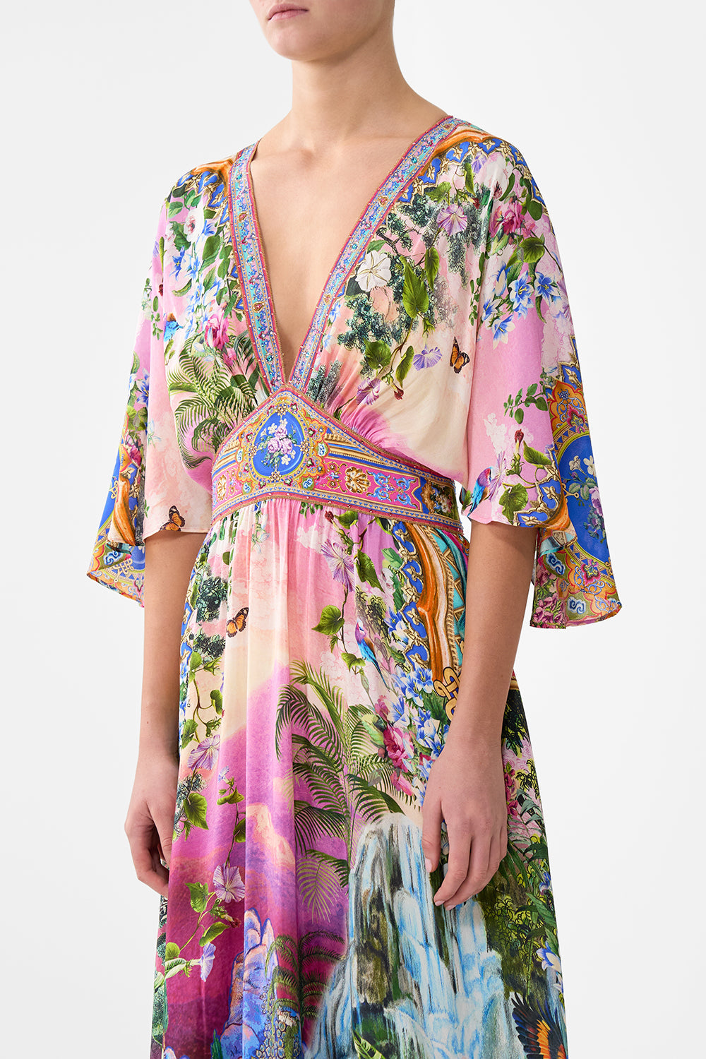 The CAMILLA DEEP V-FRILL SHORT SLEEVE TOP SULTANS AND QUEENS in our  print.