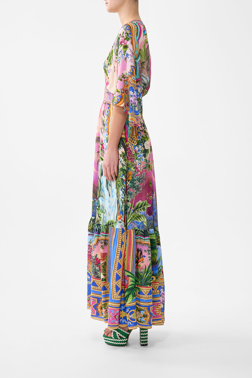 The CAMILLA DEEP V-FRILL SHORT SLEEVE TOP SULTANS AND QUEENS in our SULTANS AND QUEENS print.