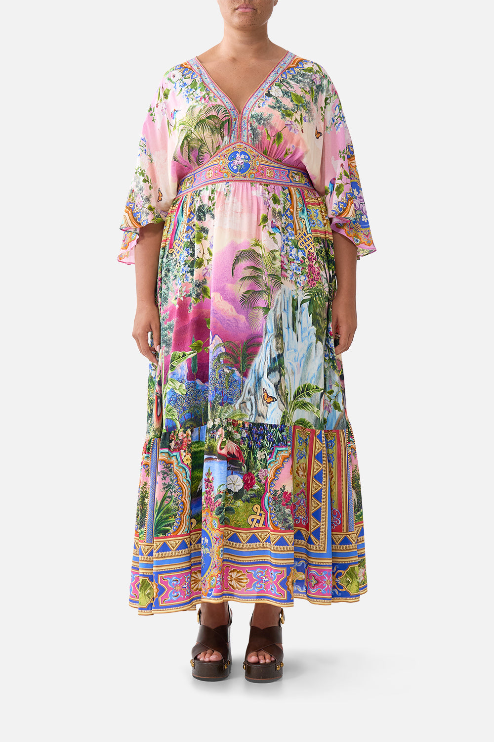 The CAMILLA DEEP V-FRILL SHORT SLEEVE TOP SULTANS AND QUEENS in our  print.