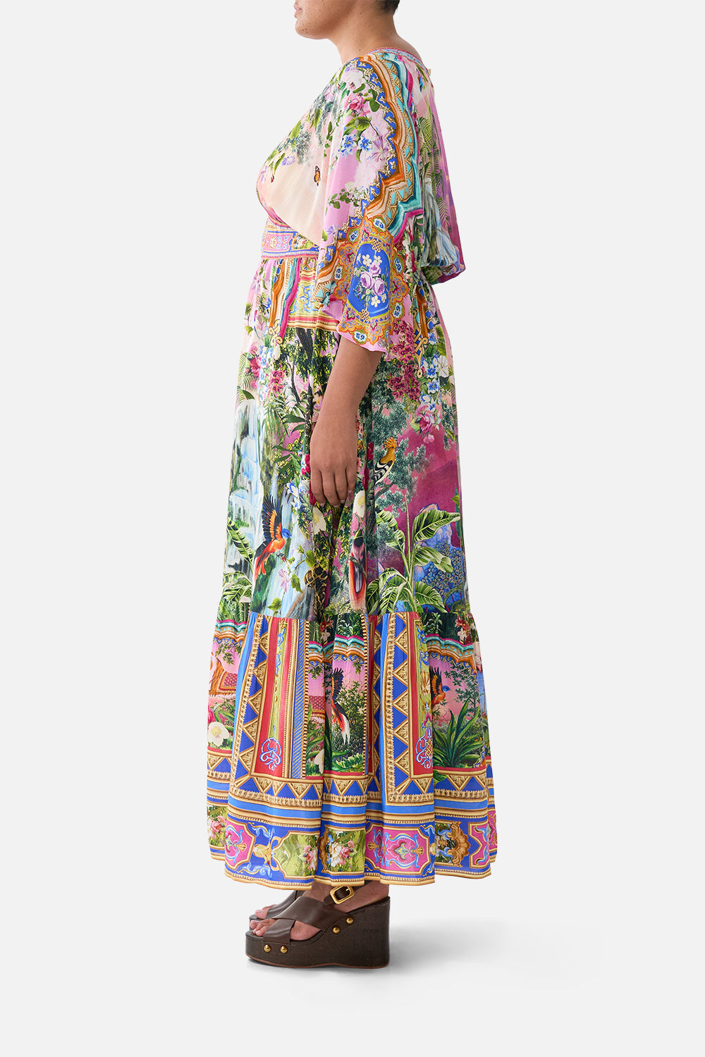 The CAMILLA DEEP V-FRILL SHORT SLEEVE TOP SULTANS AND QUEENS in our  print.