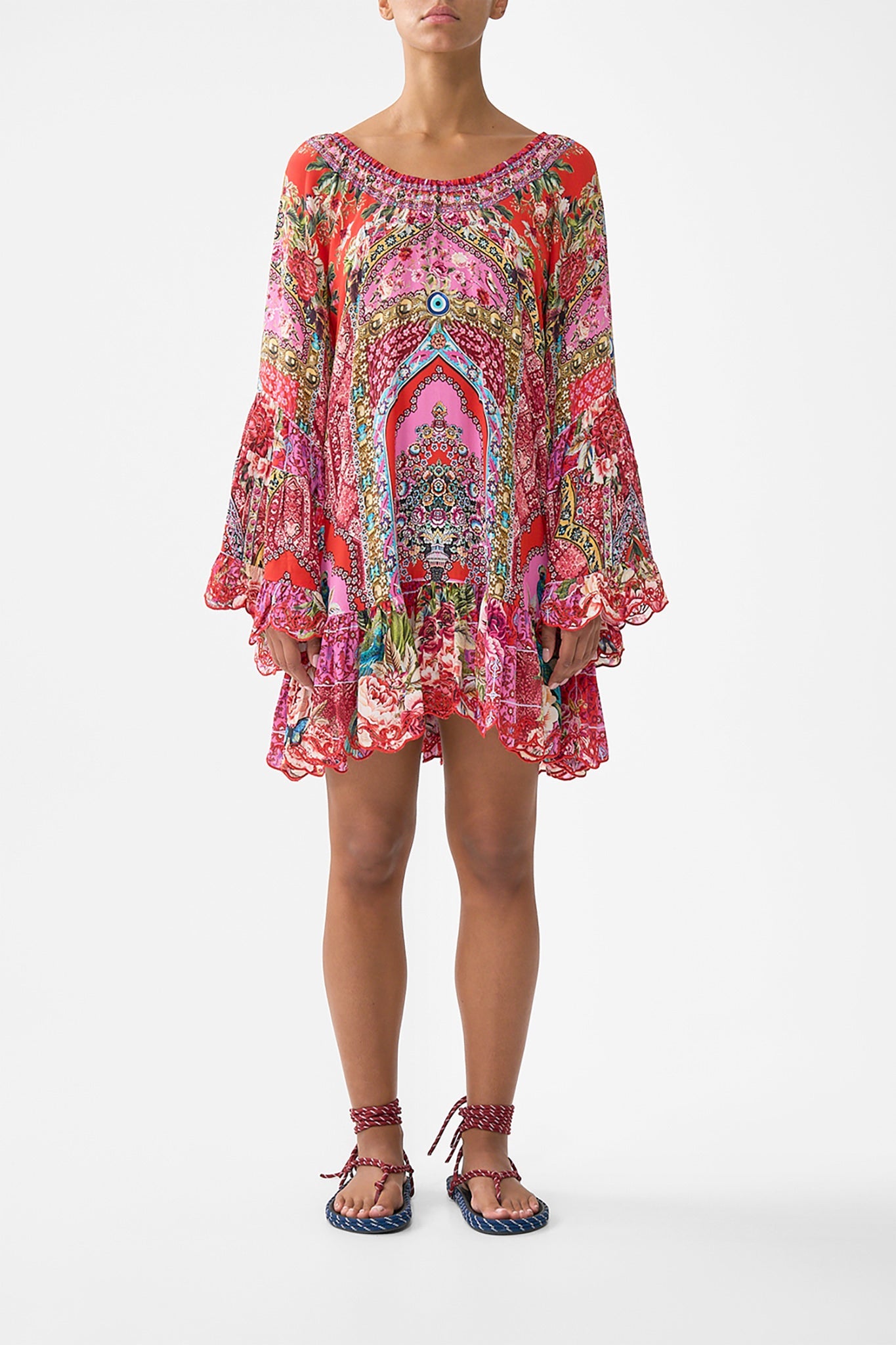 The CAMILLA SHORT LACE UP KAFTAN MIDSUMMER MOSAICS in our  print.