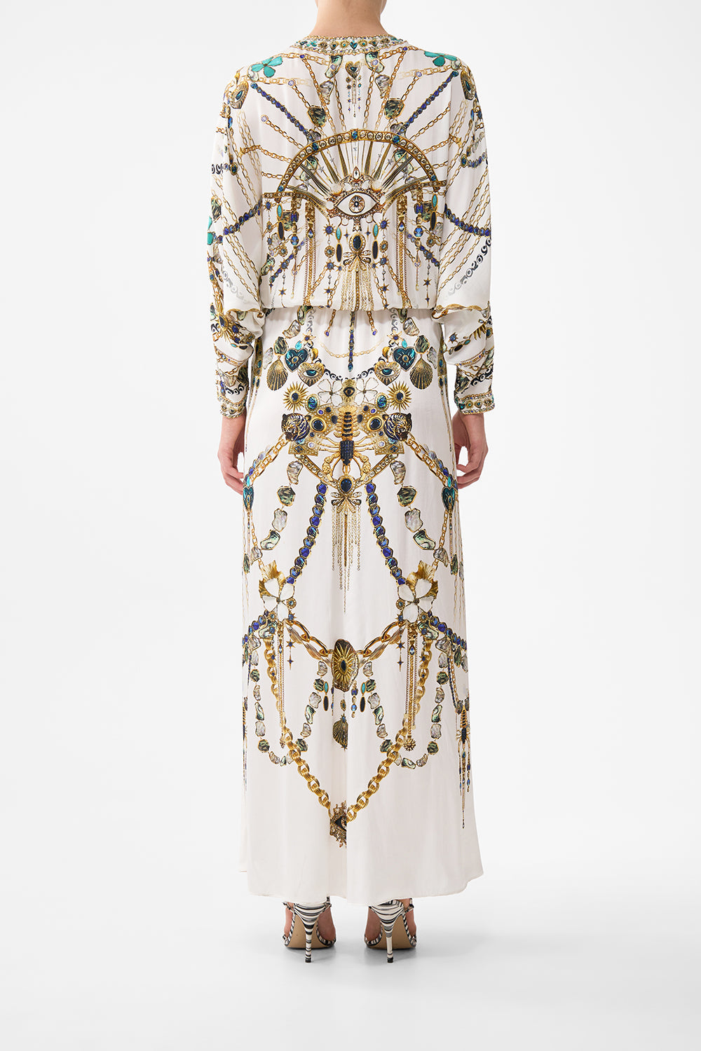 The CAMILLA LONG SPLIT FRONT TWIST DRESS ARANJUEZ ANIMALIA in our  print.