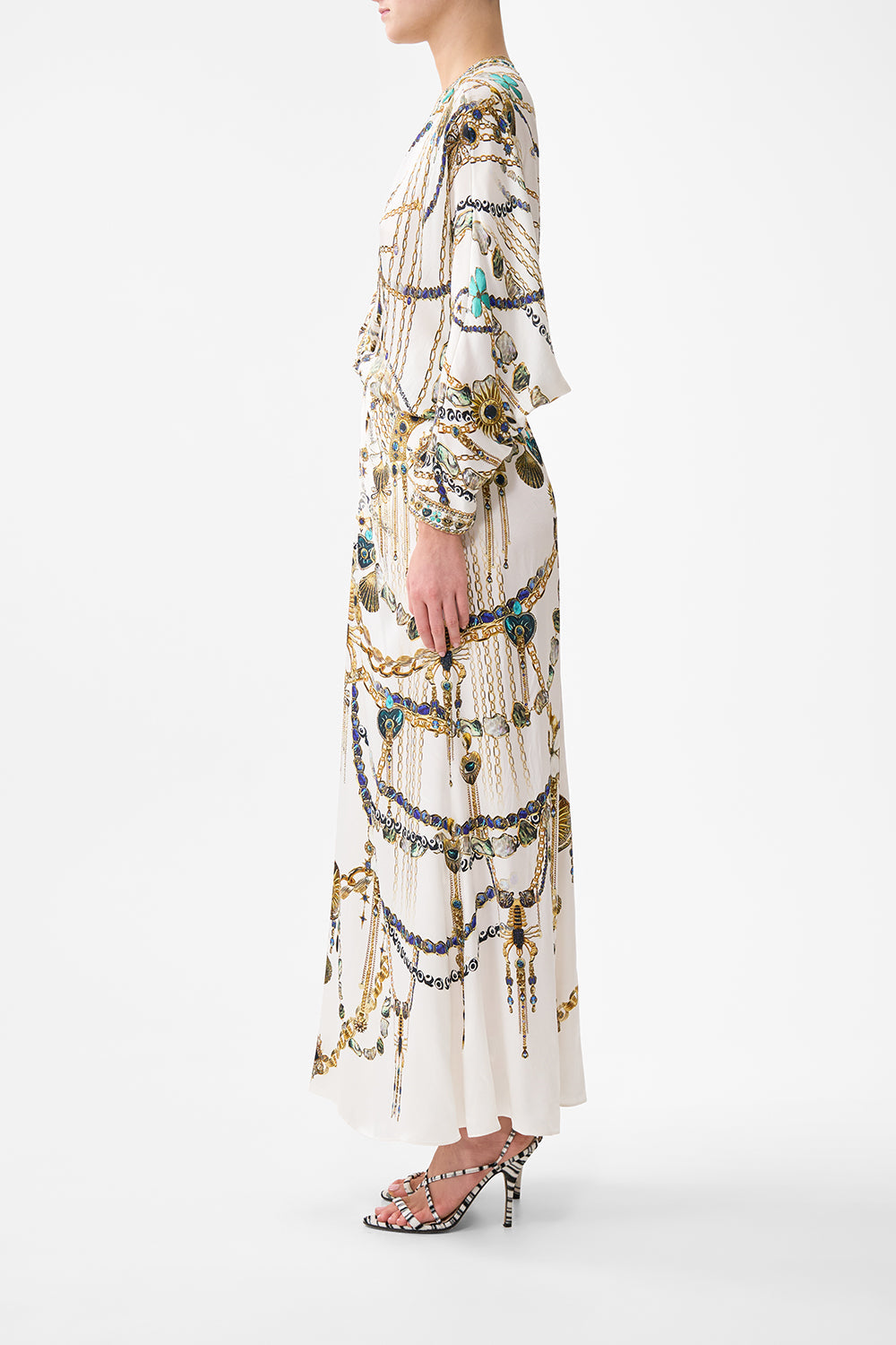 The CAMILLA LONG SPLIT FRONT TWIST DRESS ARANJUEZ ANIMALIA in our  print.