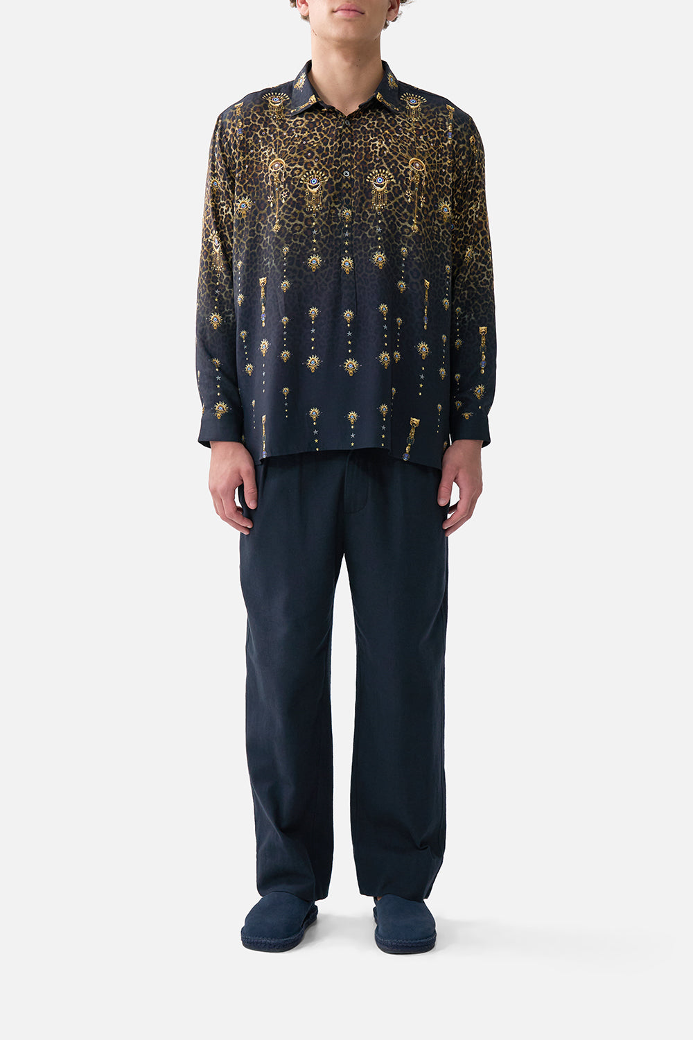 LONG SLEEVE HALF PLACKET TUNIC SHIRT FELINE FOLKLORE