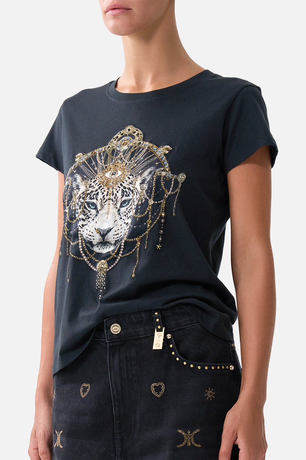 SLIM FIT ROUND NECK T-SHIRT - BLACK FELINE FOLKLORE