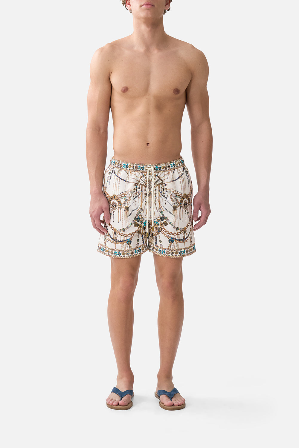 The CAMILLA mid length boardshort with elastic waist from our print chain gang, front model view