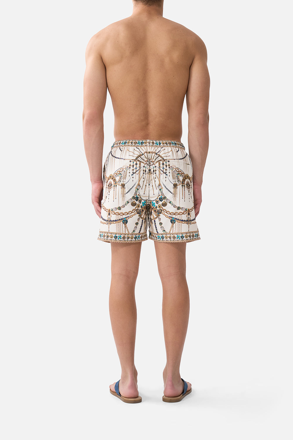 The CAMILLA mid length boardshort with elastic waist from our print chain gang, back model view