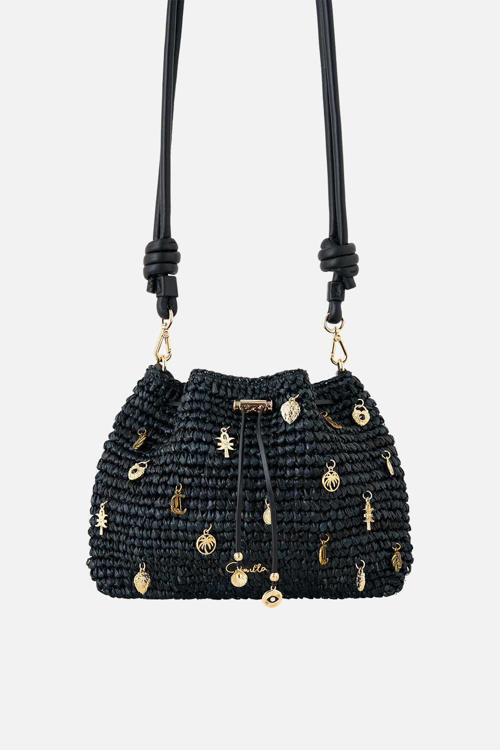 RAFFIA POUCH BAG WITH CHARMS SOLID BLACK