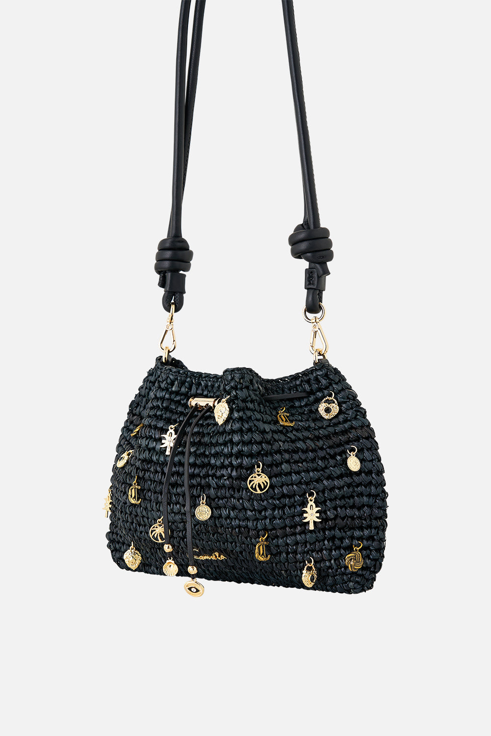 RAFFIA POUCH BAG WITH CHARMS SOLID BLACK