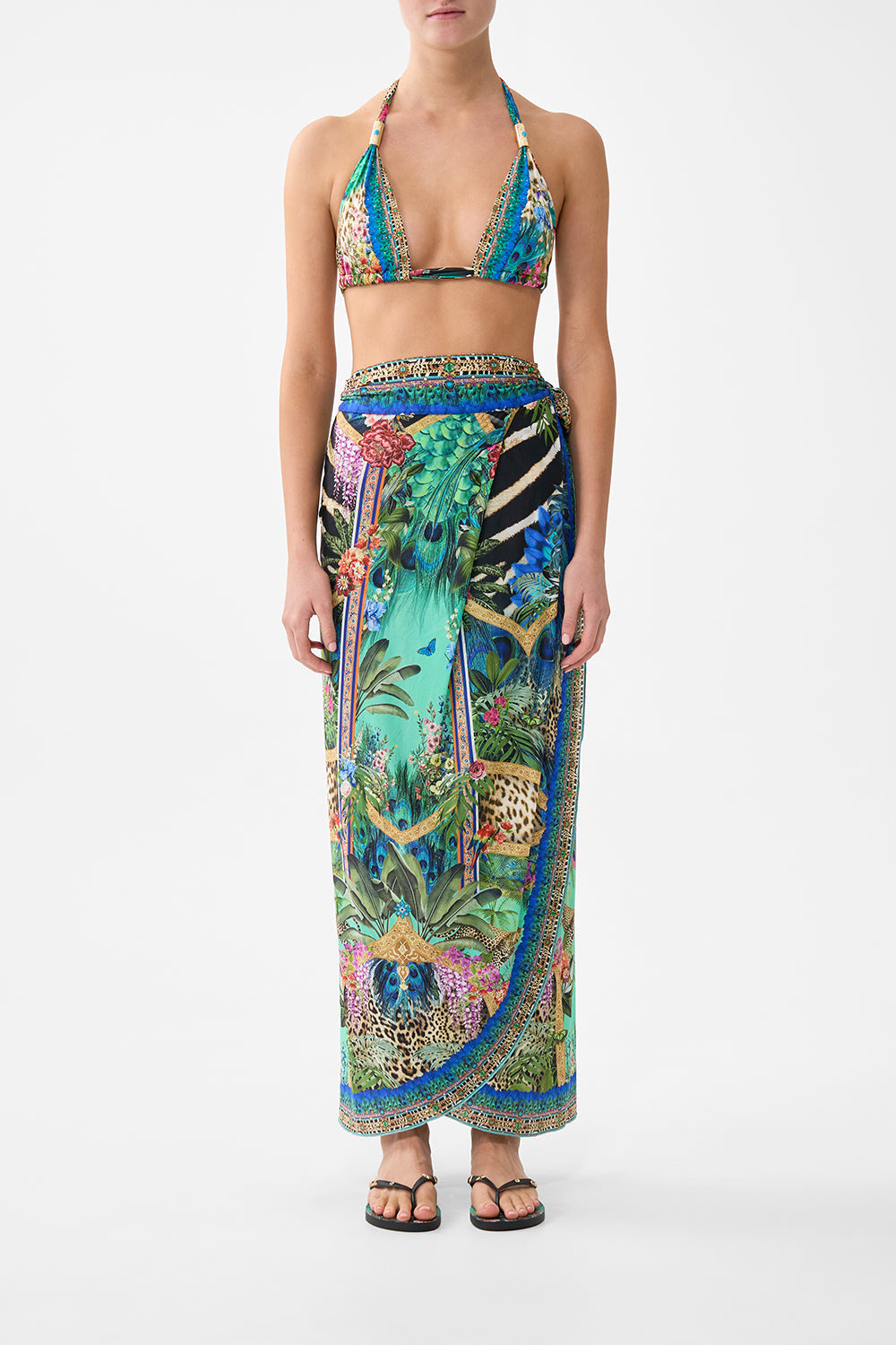 The CAMILLA SHORT FLARED DRESS WITH MACRAME DETAIL FABRIC OF TIME in our  print.