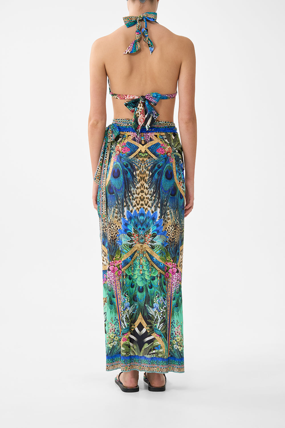 The CAMILLA SHORT FLARED DRESS WITH MACRAME DETAIL FABRIC OF TIME in our  print.