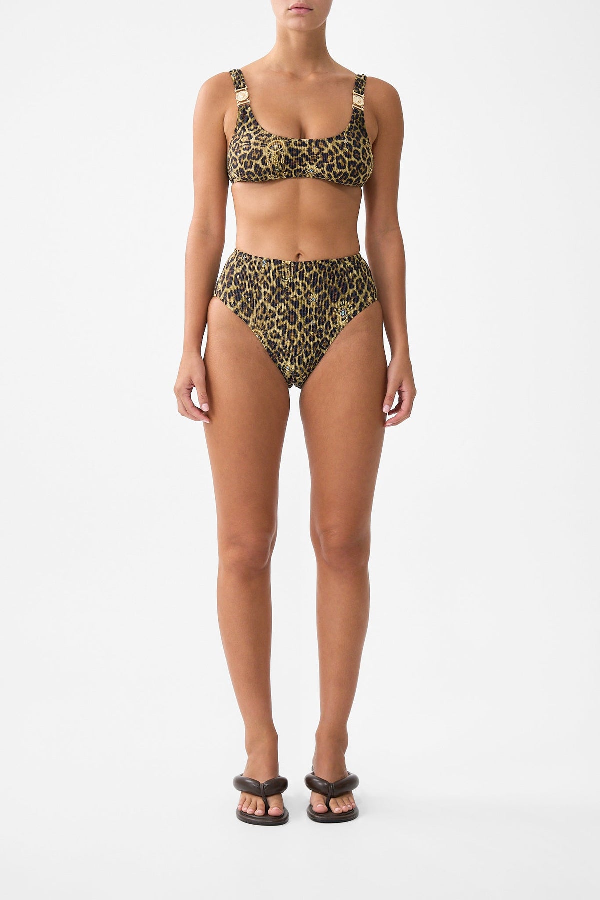 CRINKLE STRETCH HIGH WAIST BIKINI BOTTOM WITH BACK TRIM FELINE FOLKLORE