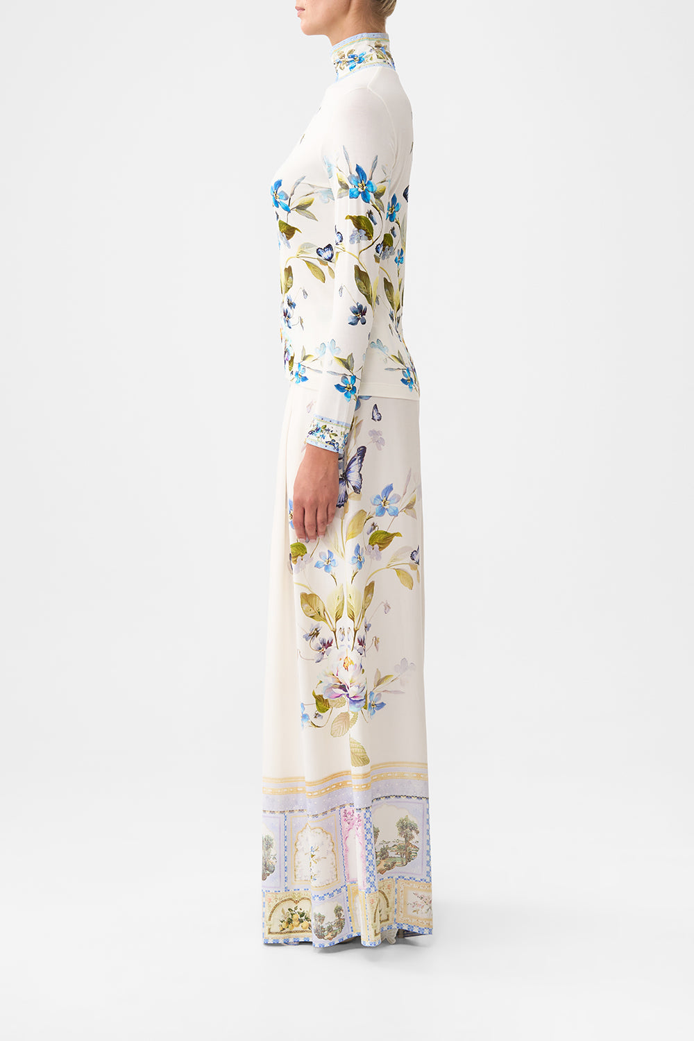 The CAMILLA ASYMMETRICAL RUFFLE SLIP DRESS BAZAAR BLOOMS in our  print.