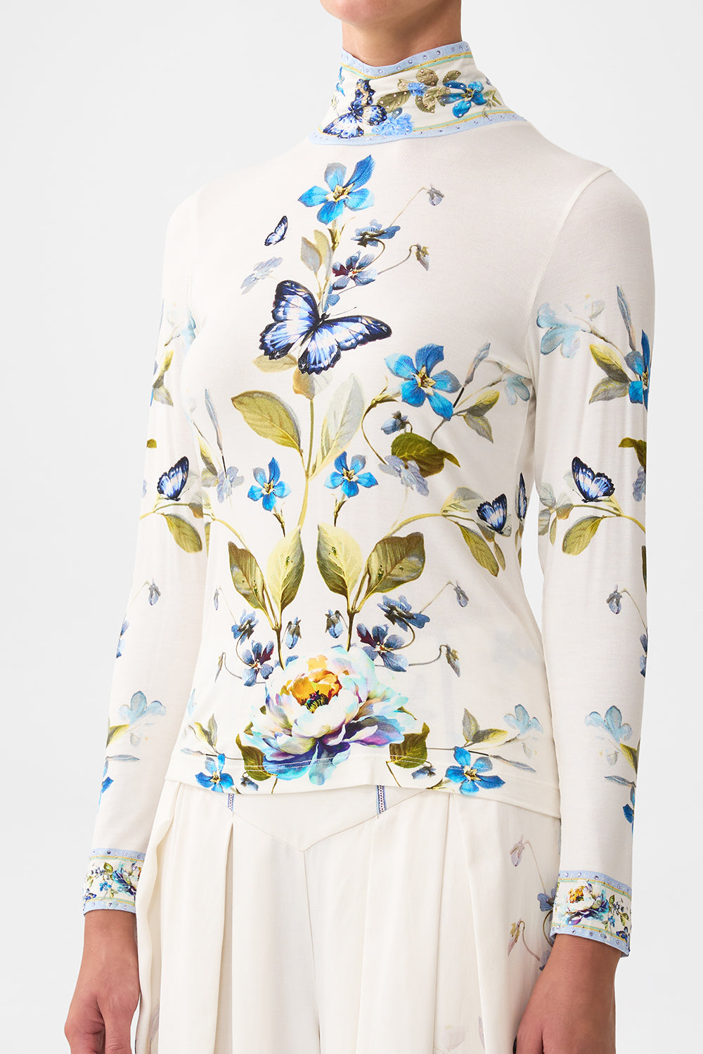 The CAMILLA ASYMMETRICAL RUFFLE SLIP DRESS BAZAAR BLOOMS in our  print.