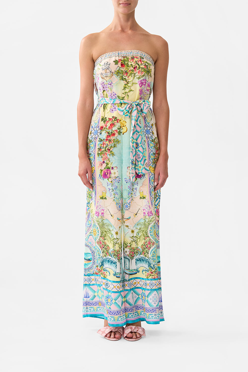 The CAMILLA Tie Waist Strapless Jumpsuit in our Just Coasting print.