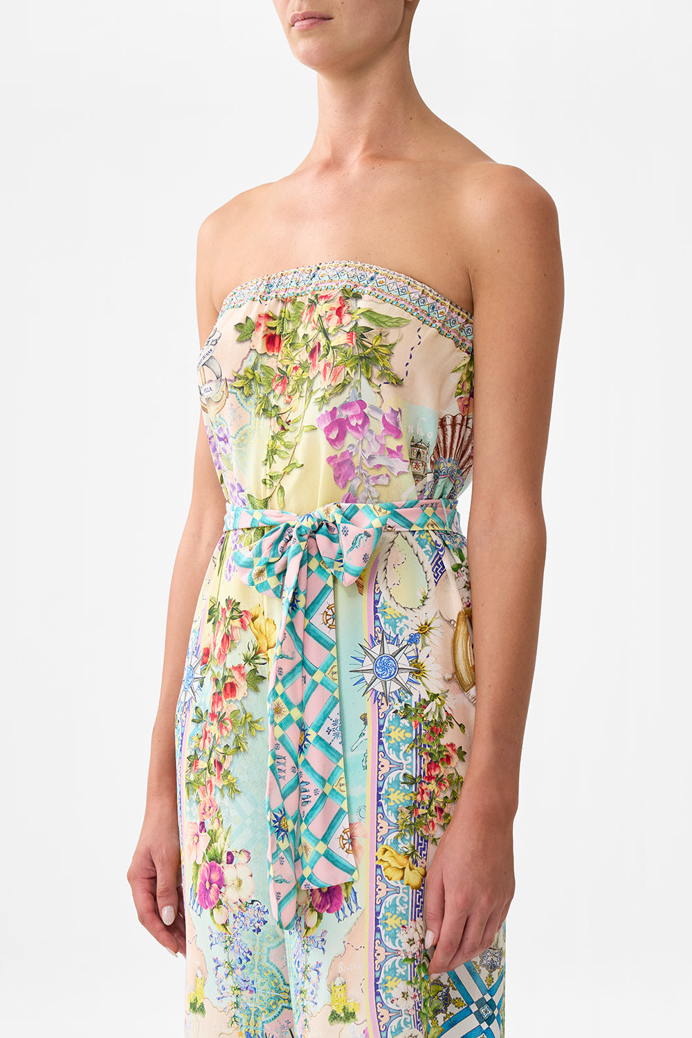 The CAMILLA Tie Waist Strapless Jumpsuit in our Just Coasting print.