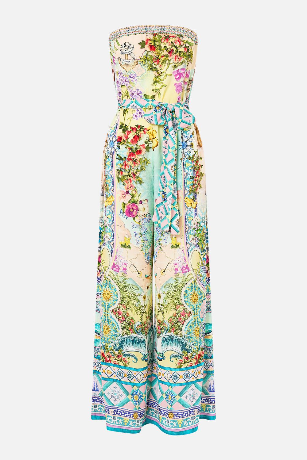 The CAMILLA Tie Waist Strapless Jumpsuit in our Just Coasting print.