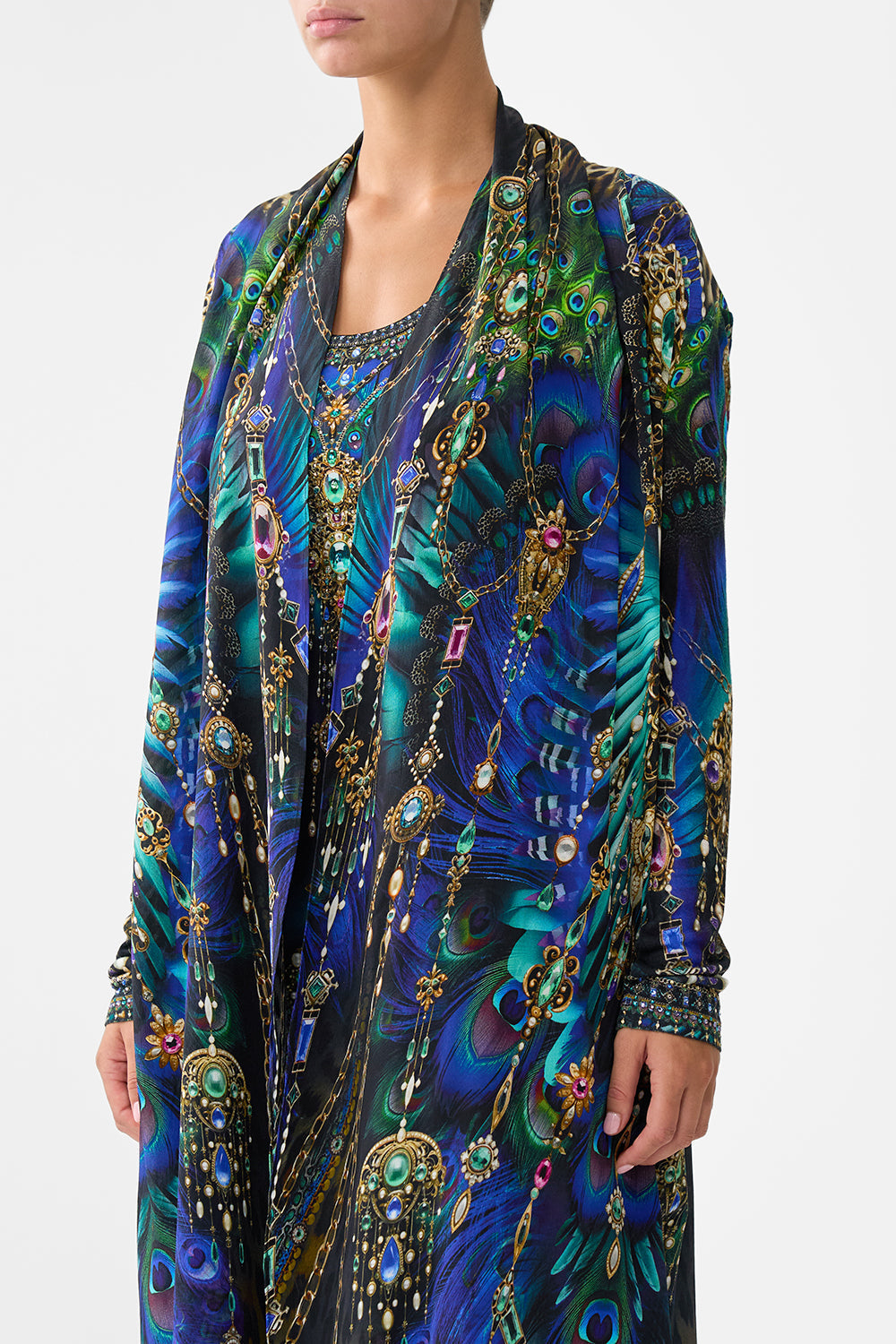 The CAMILLA Long Casual Jacket With Pockets in our Dominican Decadence print.