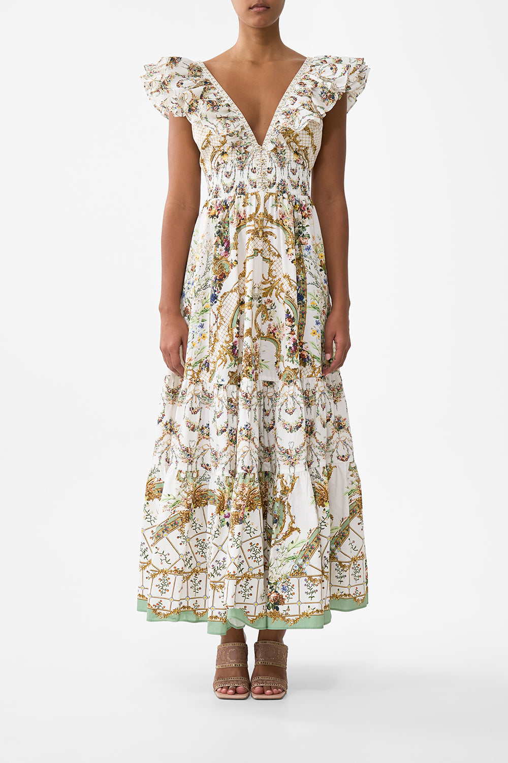 The CAMILLA STRAPLESS MAXI WITH RUFFLE HEM TILES OF TÜRKIYE in our  print.