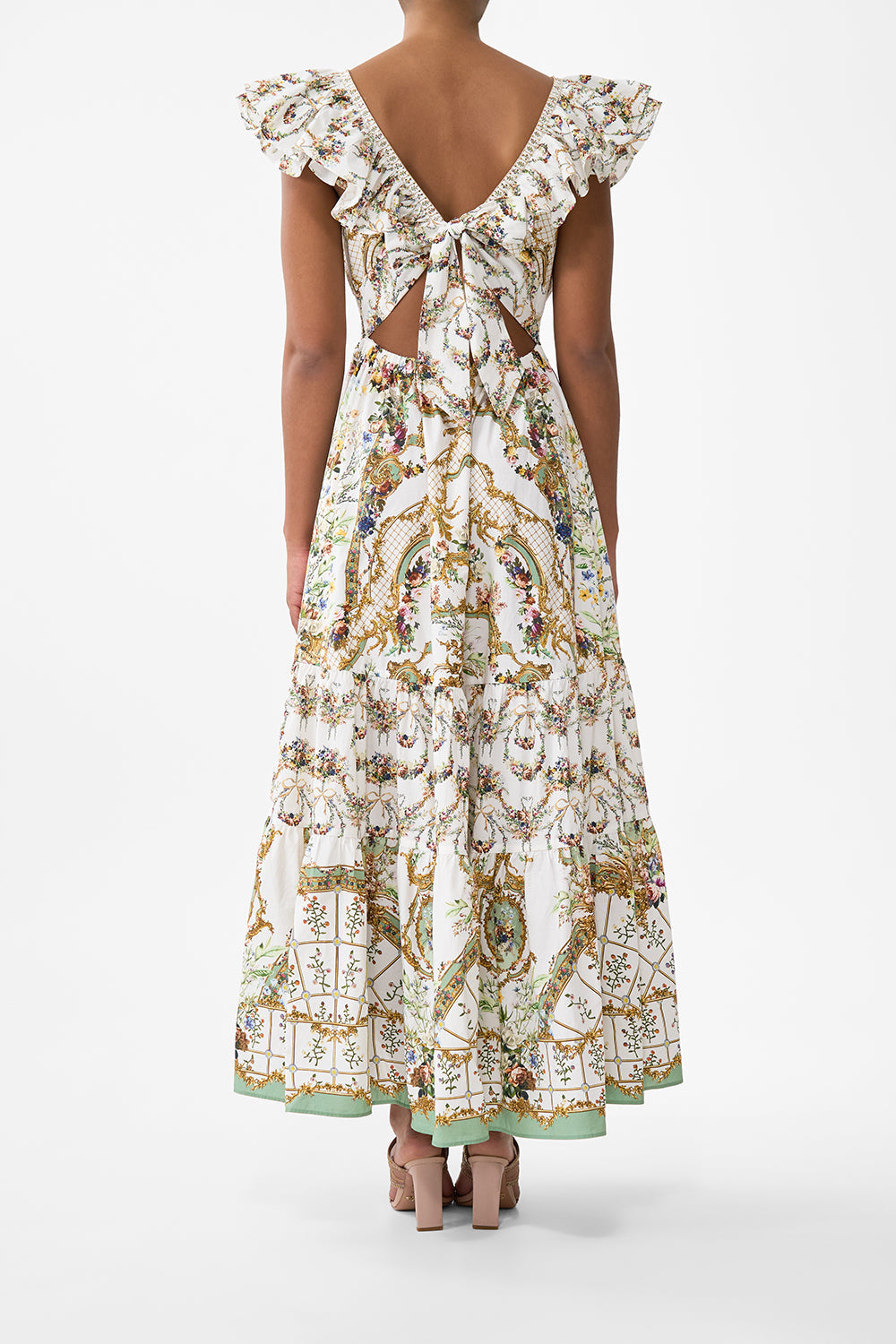The CAMILLA Tiered Dress With Neck Frill in our Dressing Room Drama print.