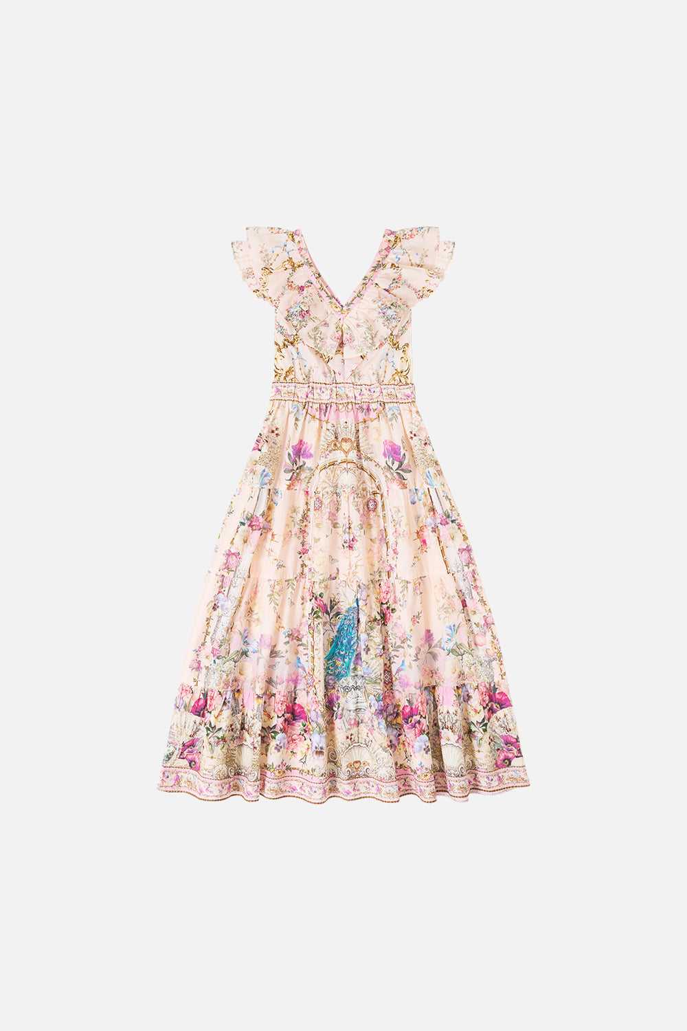 The CAMILLA JERSEY SPLICED TIERED SKIRT MIDSUMMER MOSAICS in our  print.