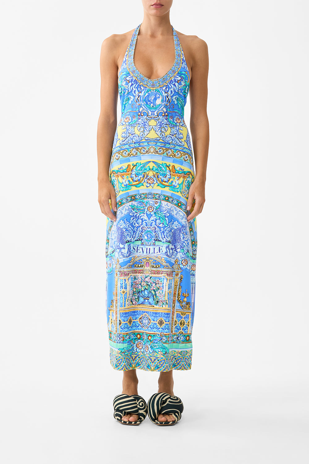 The CAMILLA TIE NECK LONG DRESS BALEARIC BEBÉ in our  print.