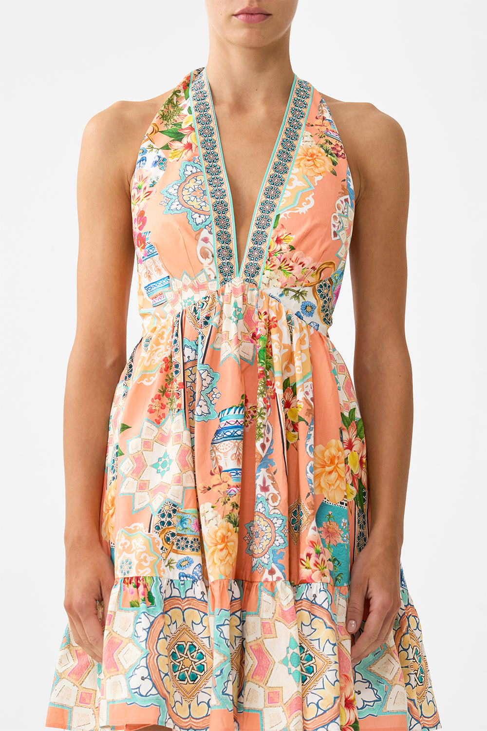 The CAMILLA DRAPE FRONT V NECK KAFTAN DAUGHTERS OF DUENDE in our DAUGHTERS OF DUENDE print.