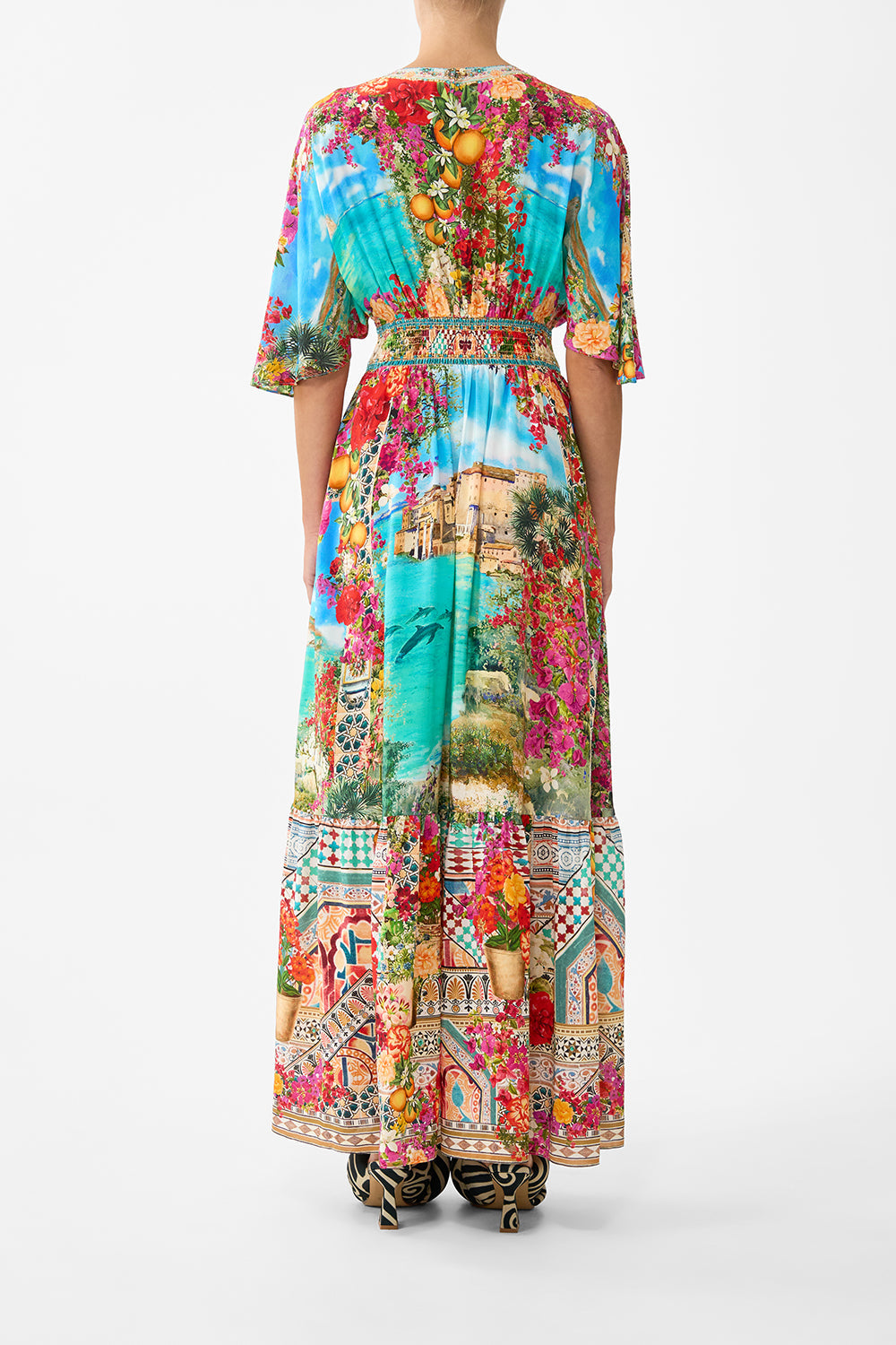 The CAMILLA V NECK KAFTAN WITH DROP WAIST BALEARIC BEBÉ in our  print.