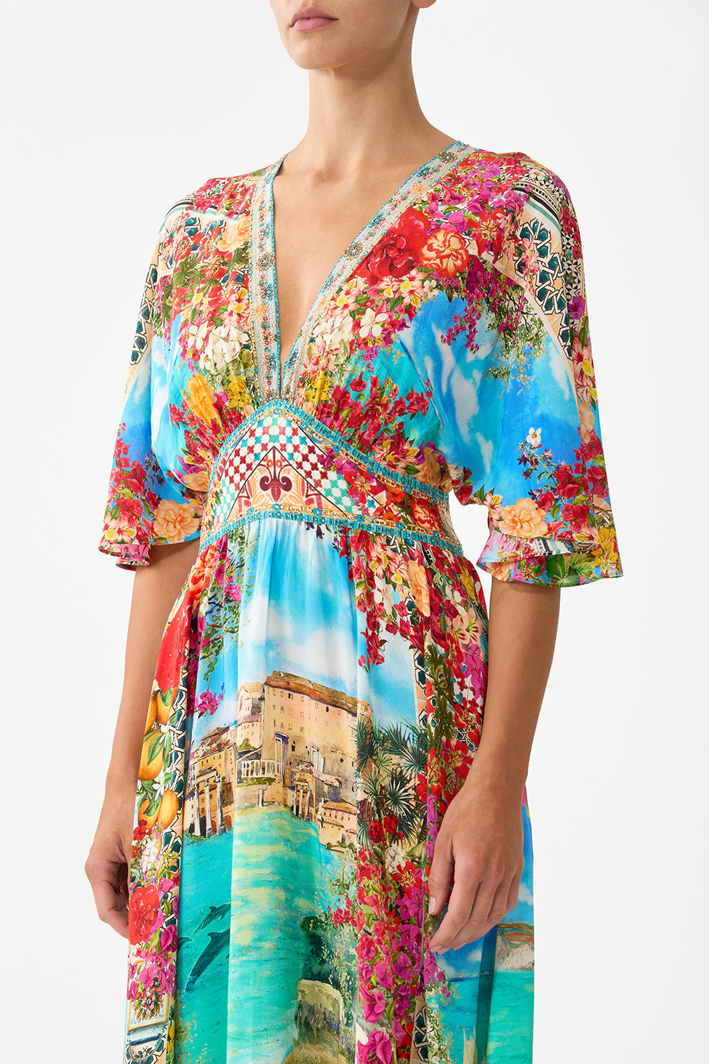 The CAMILLA V NECK KAFTAN WITH DROP WAIST BALEARIC BEBÉ in our  print.