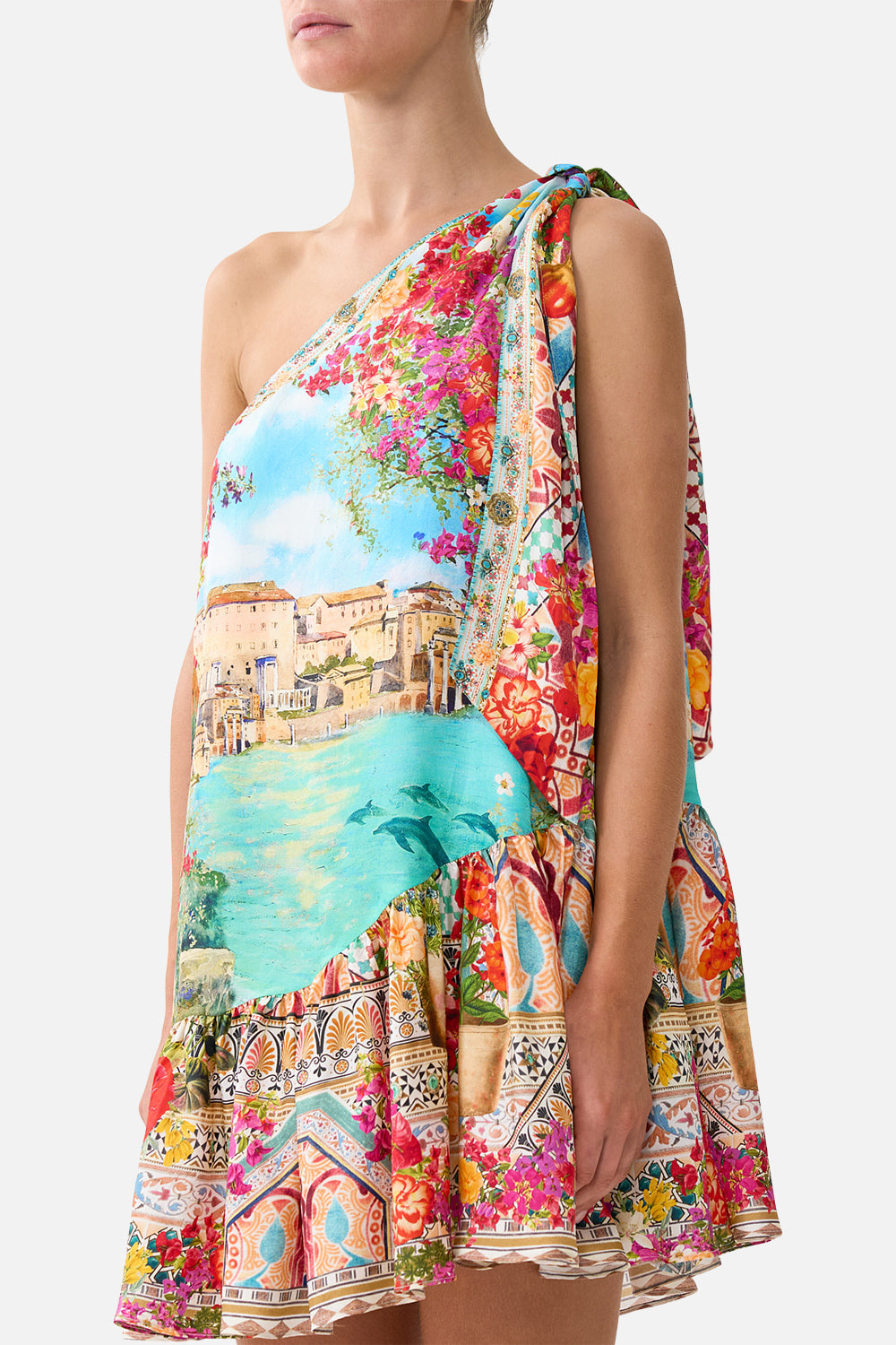 The CAMILLA MID LENGTH BOARDSHORT WITH ELASTIC WAIST MIDSUMMER MOSAICS in our MIDSUMMER MOSAICS print.