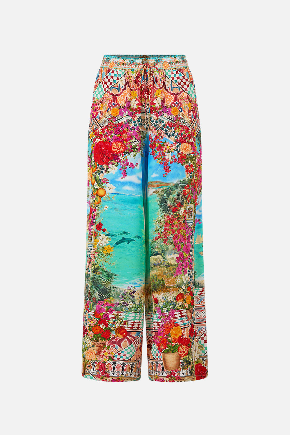 The CAMILLA SHAPED WAISTBAND DRESS WITH GATHERED SLEEVES FLAMENCO FOLKLORE in our  print.