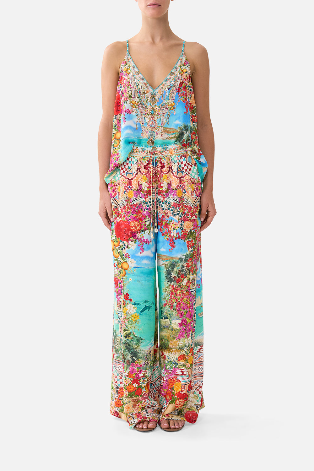 The CAMILLA SHAPED WAISTBAND DRESS WITH GATHERED SLEEVES FLAMENCO FOLKLORE in our  print.