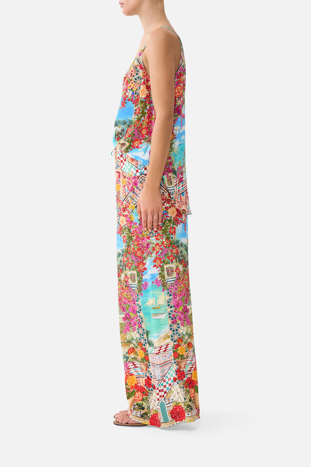 The CAMILLA SHAPED WAISTBAND DRESS WITH GATHERED SLEEVES FLAMENCO FOLKLORE in our  print.