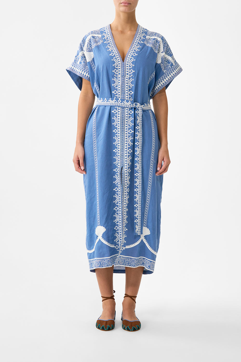 The CAMILLA V NECK RUFFLE HIGH LOW DRESS A TILED WONDERLAND in our  print.