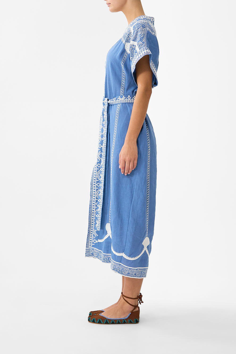 The CAMILLA V NECK RUFFLE HIGH LOW DRESS A TILED WONDERLAND in our  print.