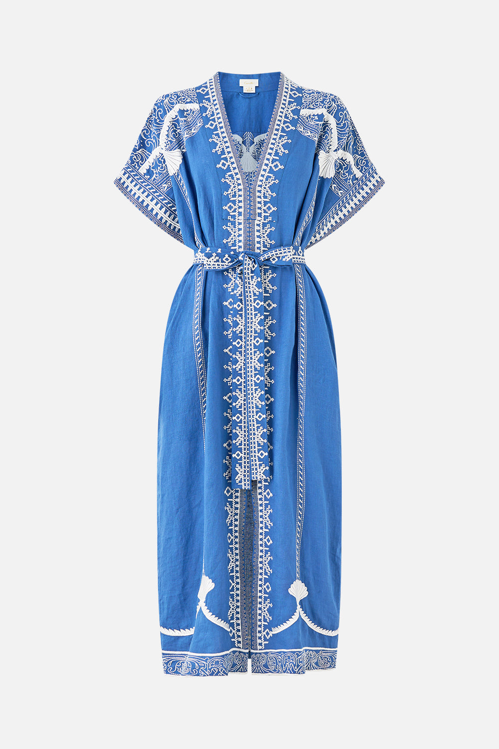 The CAMILLA V NECK RUFFLE HIGH LOW DRESS A TILED WONDERLAND in our  print.