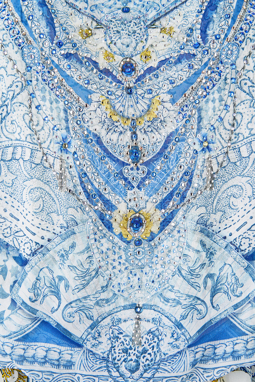 The CAMILLA SHORT SLEEVE CAMP COLLARED SHIRT SEVILLIAN STYLE in our  print.