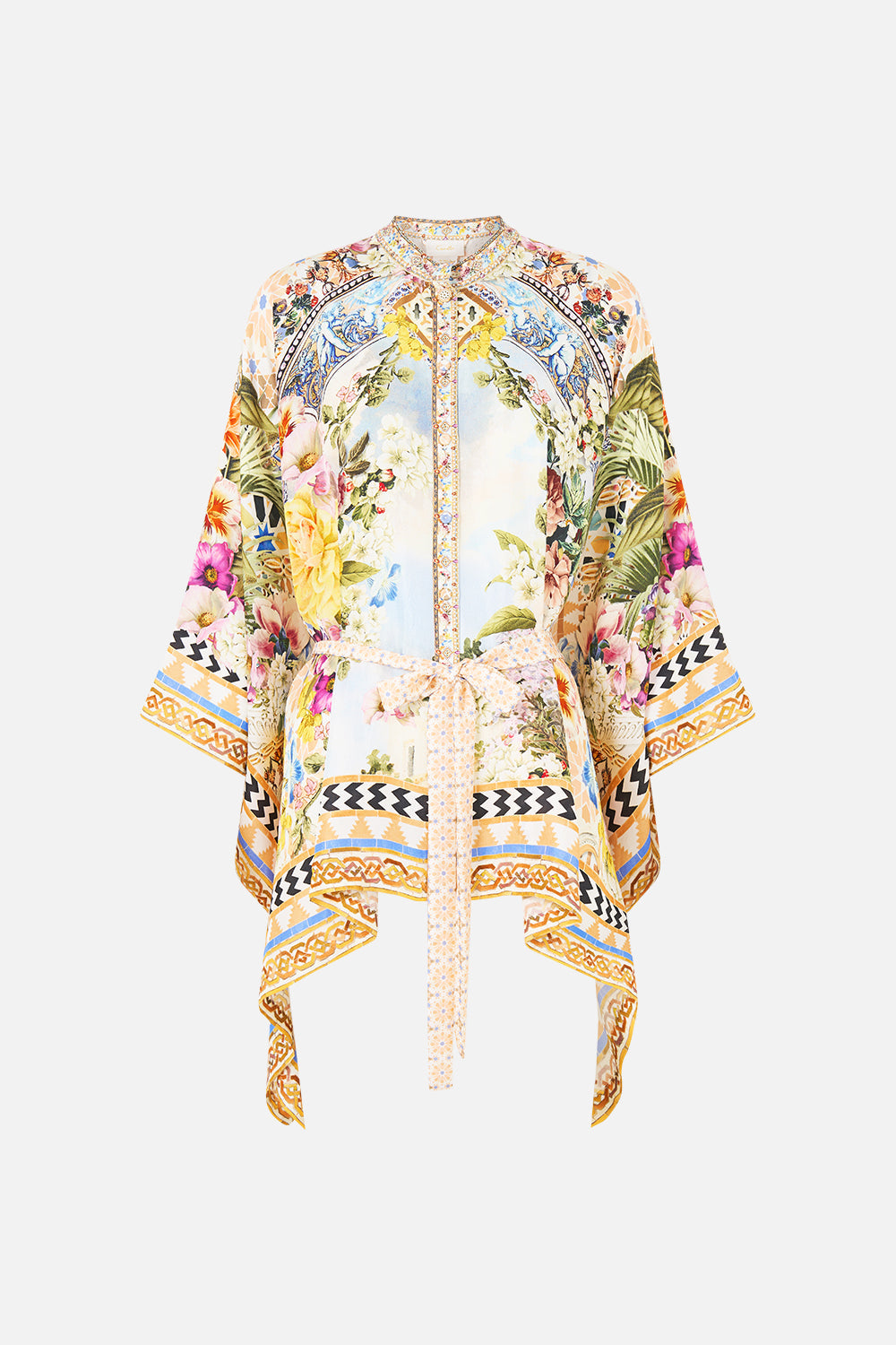The CAMILLA button through scarf blouse in our print The Architects of Alcázar. Front view.