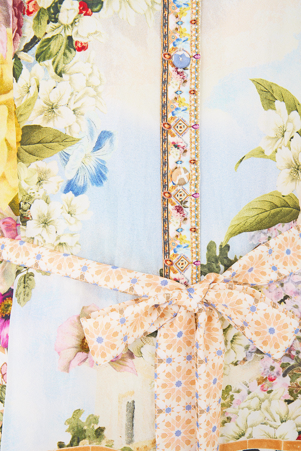 The CAMILLA button through scarf blouse in our print The Architects of Alcázar.