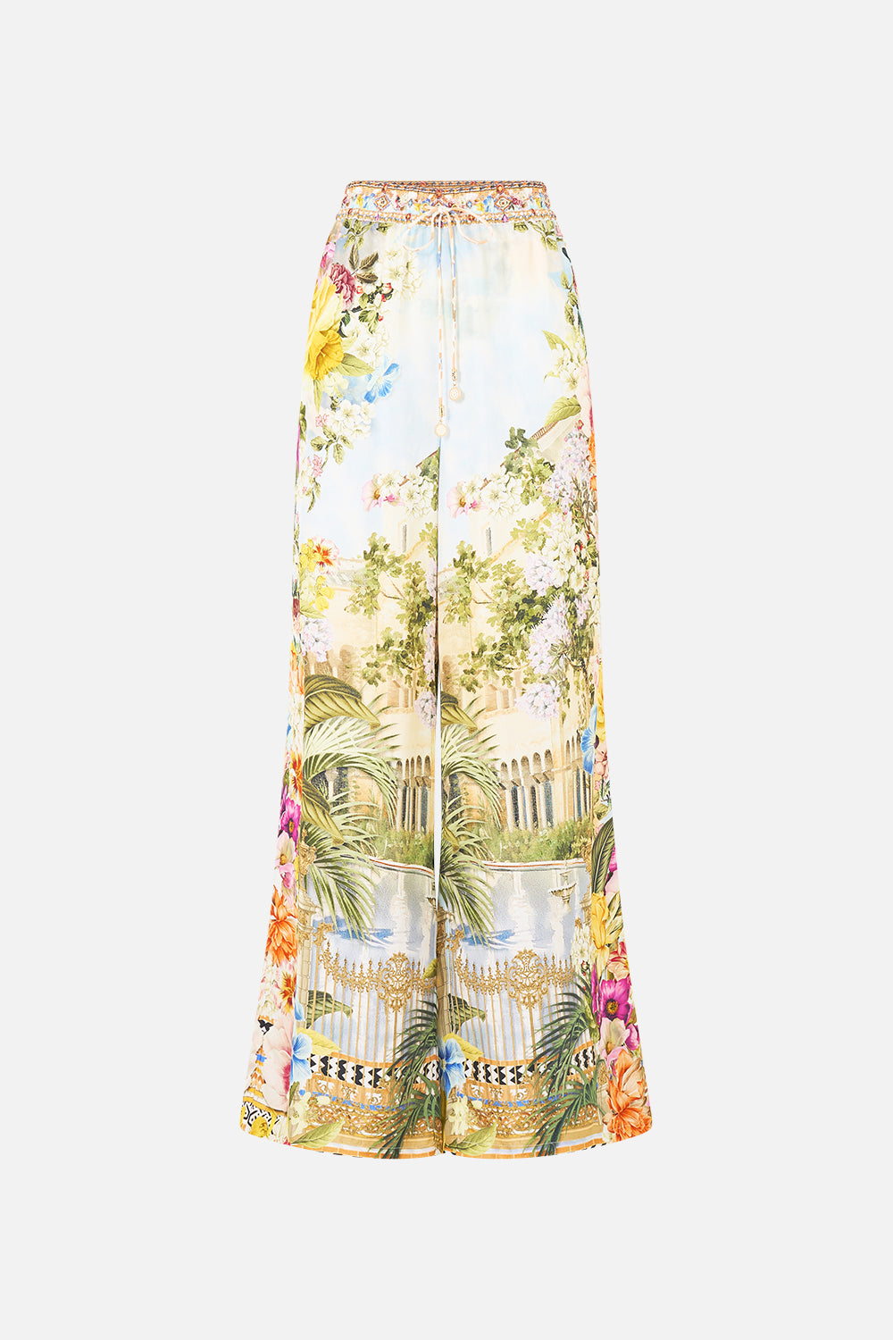 The CAMILLA straight leg pant in our print The Architects of Alcázar. Front view.