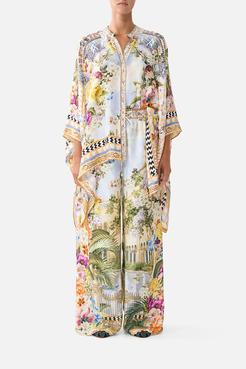 The CAMILLA straight leg pant in our print The Architects of Alcázar. Front model view.
