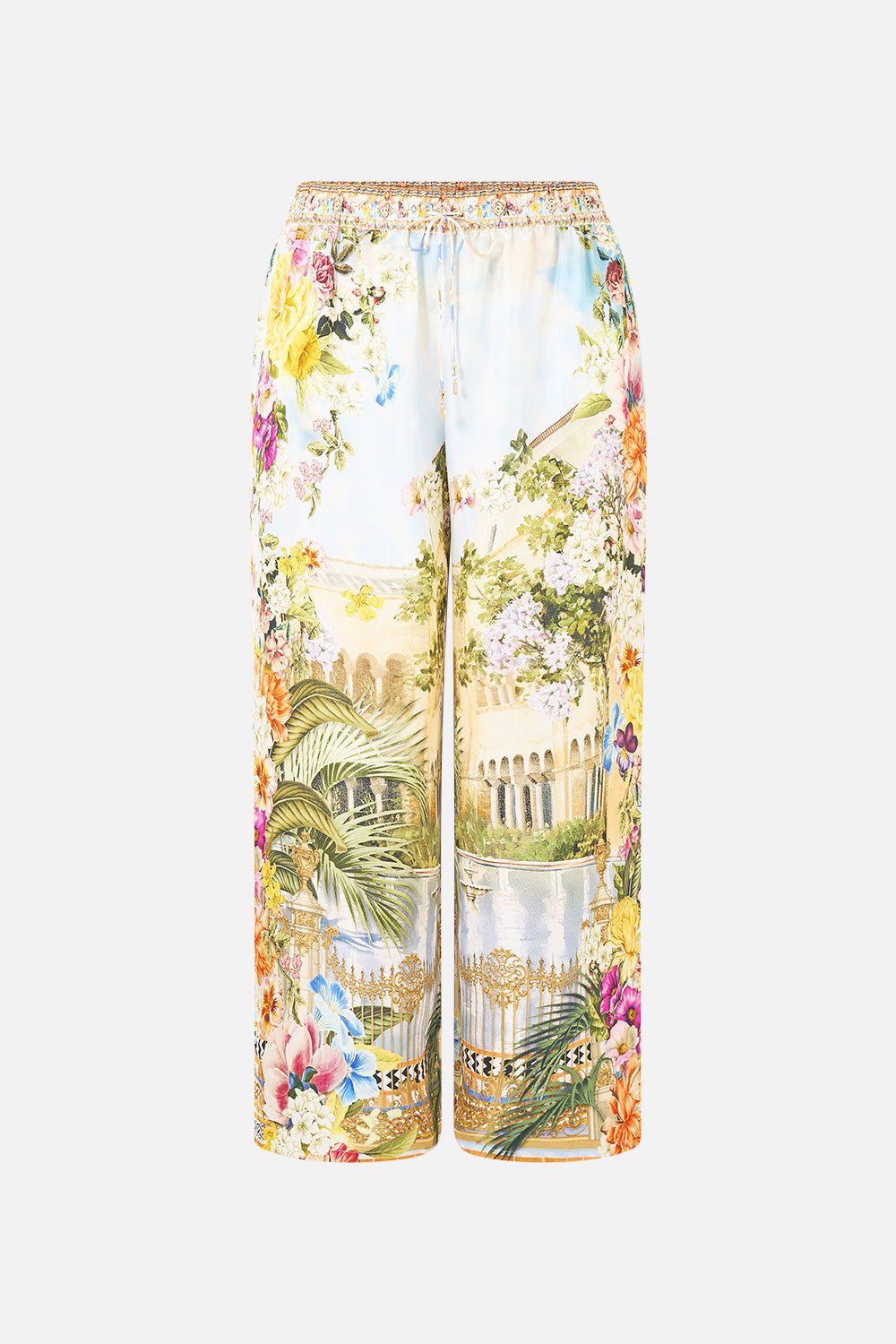 The CAMILLA straight leg pant in our print The Architects of Alcázar. Front view.