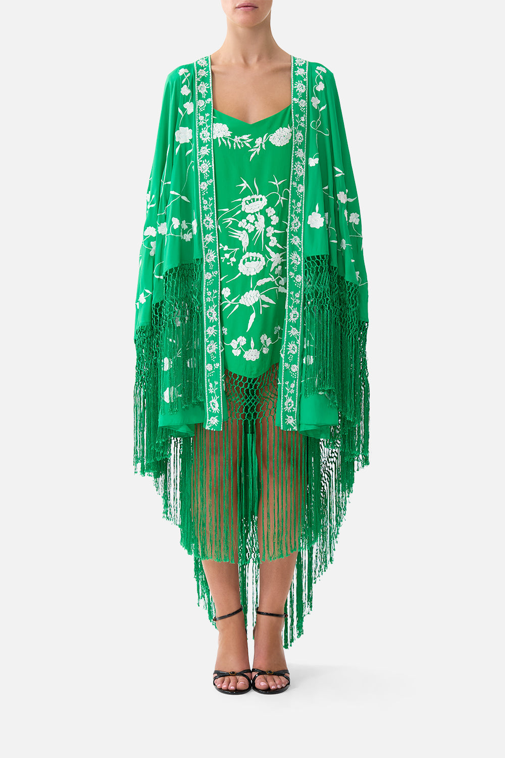 The CAMILLA draped high low layer in our print Sacromonte Señorita. Front model view.