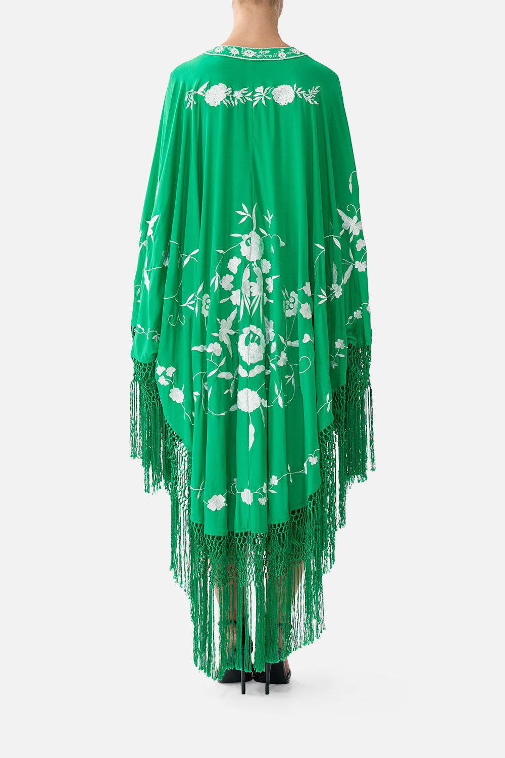 The CAMILLA draped high low layer in our print Sacromonte Señorita. Back model view.