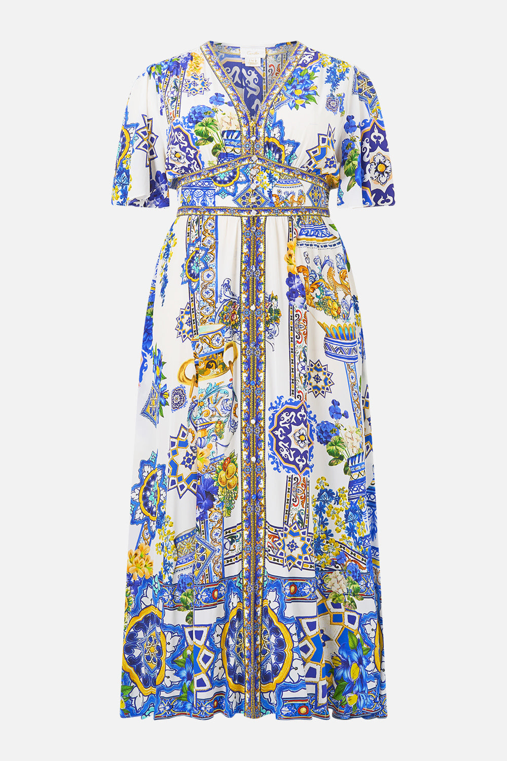 The CAMILLA MID LENGTH BOARDSHORT WITH ELASTIC WAIST DIAL UP THE TILES in our DIAL UP THE TILES print.