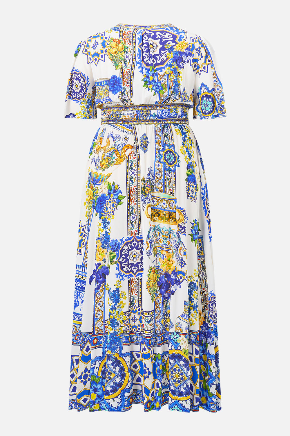 The CAMILLA MID LENGTH BOARDSHORT WITH ELASTIC WAIST DIAL UP THE TILES in our  print.